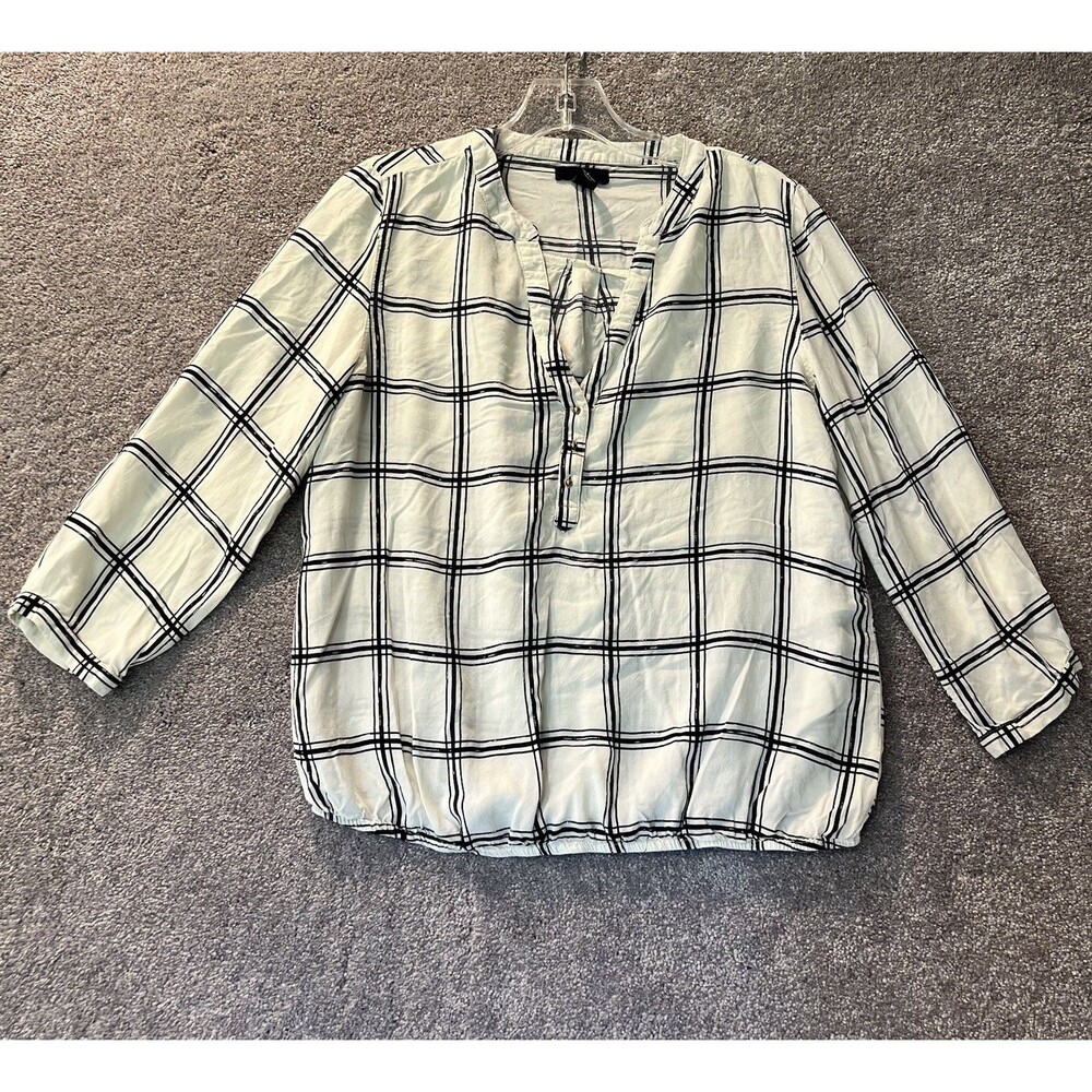 Gap Womens Small Blouse White Black Plaid Check Henley Tunic V-Neck Top Elastic